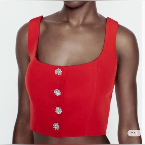 ZARA  Bright Red Crop Top with Button Accents extra small - Picture 2 of 10